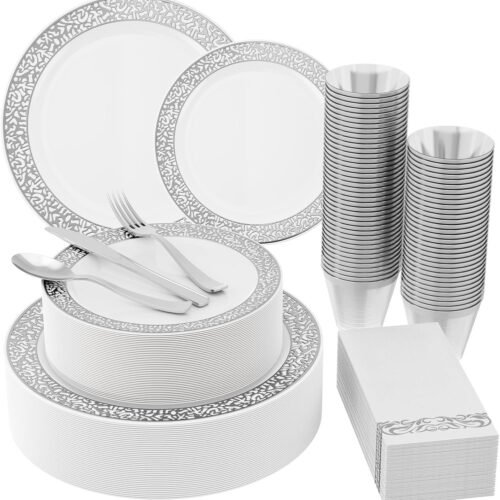 Vajilla Descartable Premium 25 Personas Plateado c/blanco